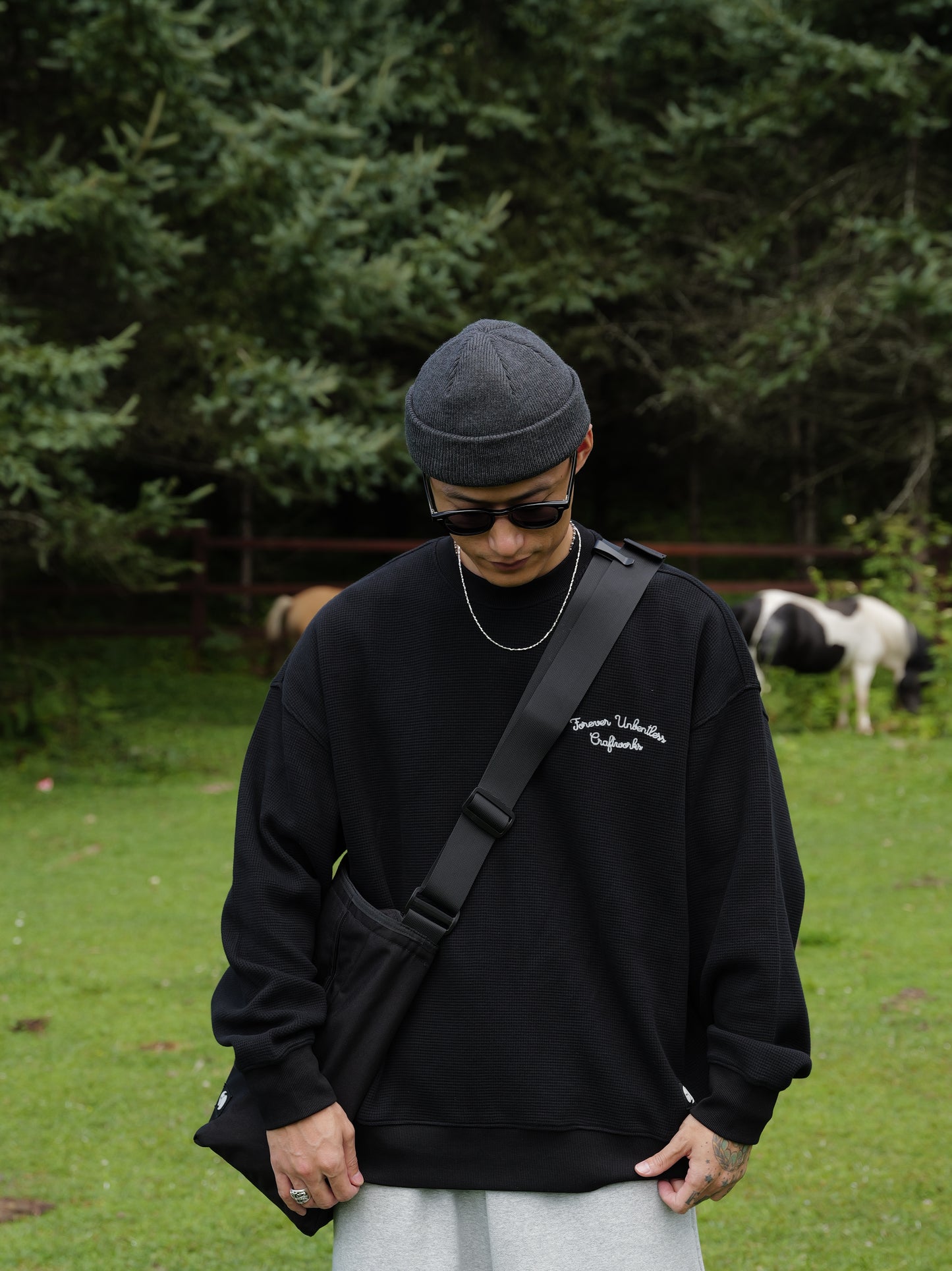 UNBENT 25AW 刺繡華夫格圓領衛衣